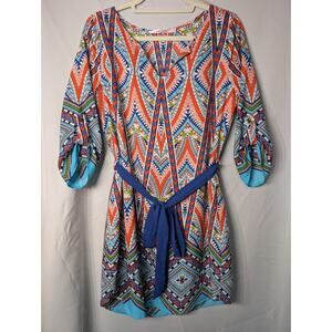 Carolina Williamson Geometric Print Belted Mini Dress Boho Southwest M((681)